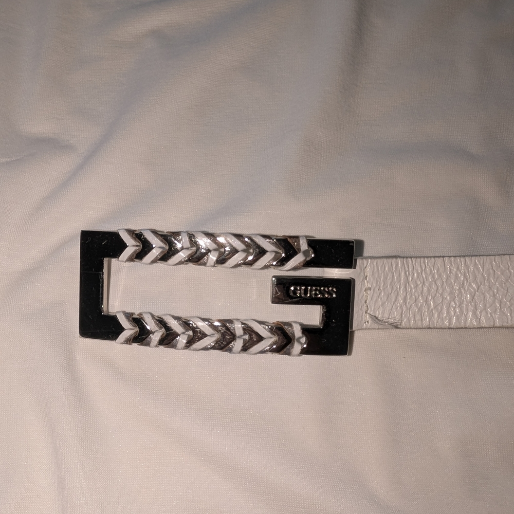Guess White Leather Belt with Silver Accents